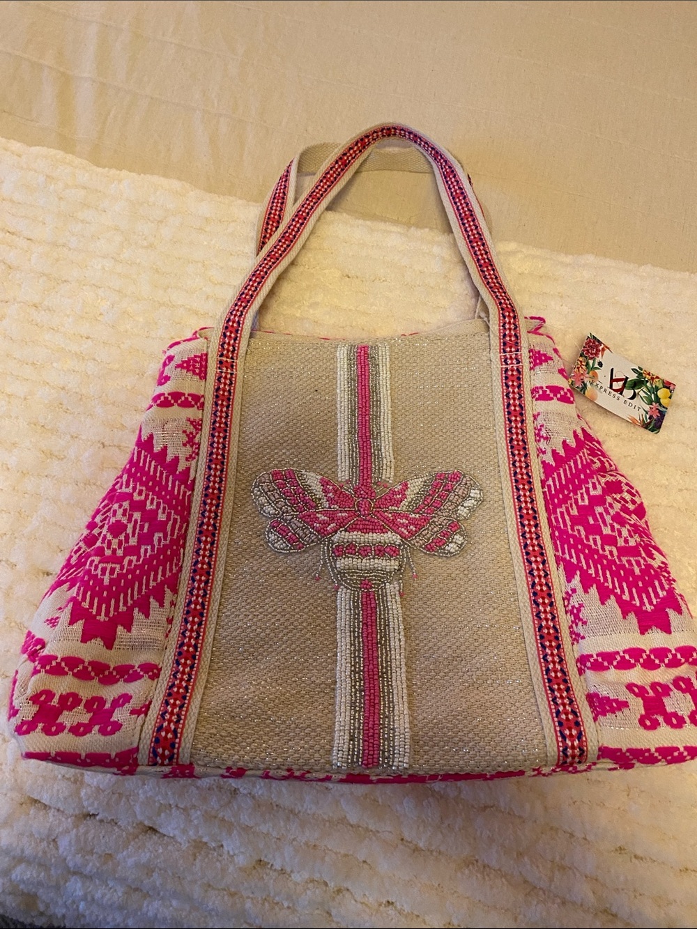 American & Beyond Pink Patterned Woven Tote with Embroidered Bow Accent